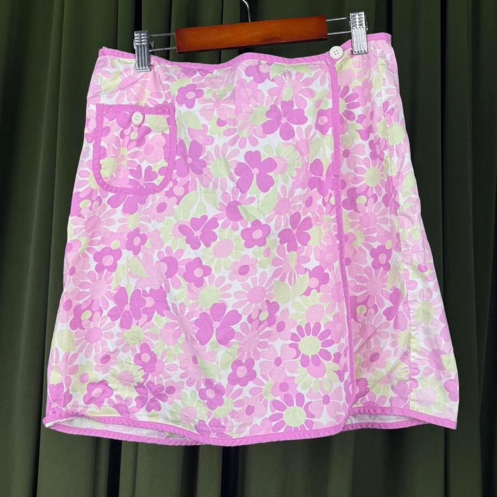 Loft Stretch Pink White Floral Mini Skirt Womens Size 8 Cotton Blend A-Line Wrap